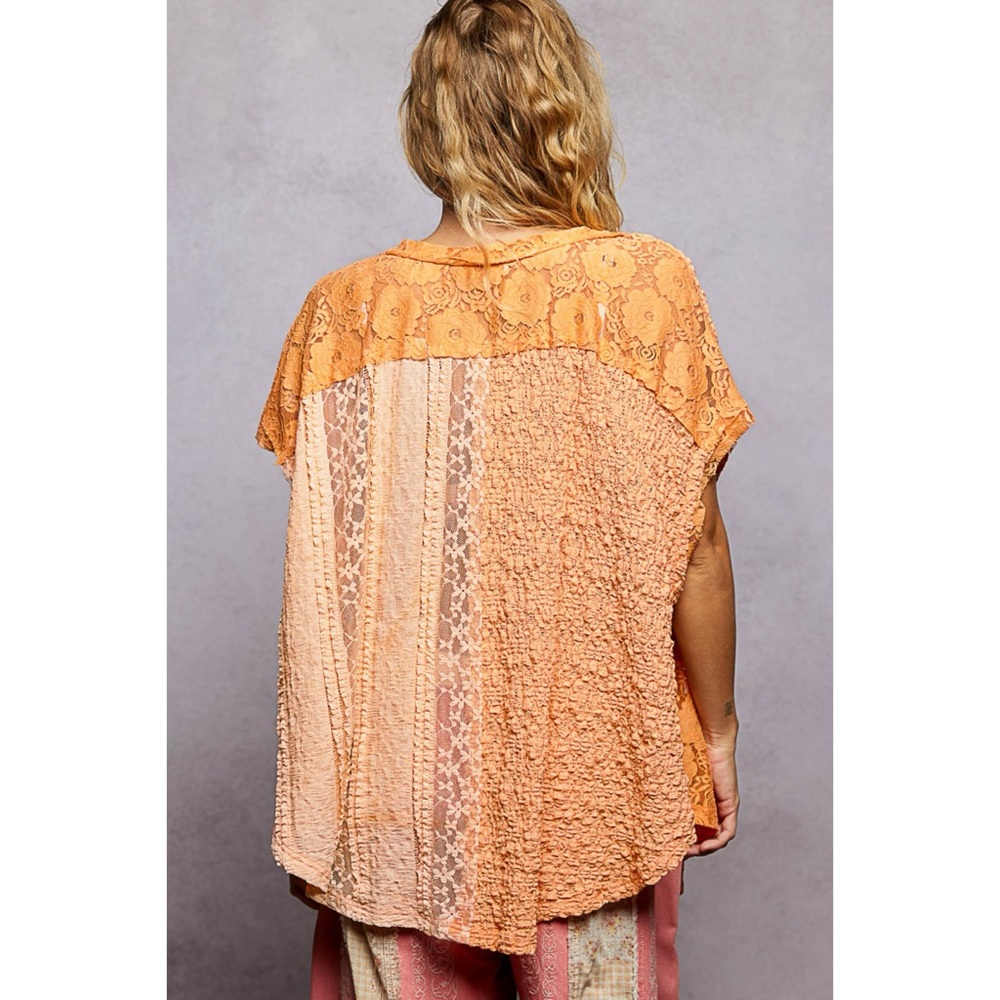POL Orange Lace Patchwork Knit Top | Oversized V Neck Short Sleeve - Picture 6 of 7